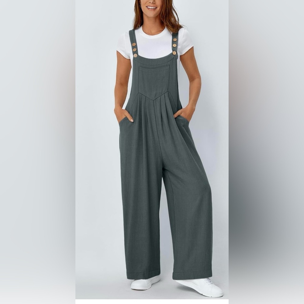 Women’s Wide Leg Overalls-Washable Rayon-Linen Blend, Sz M Gray
